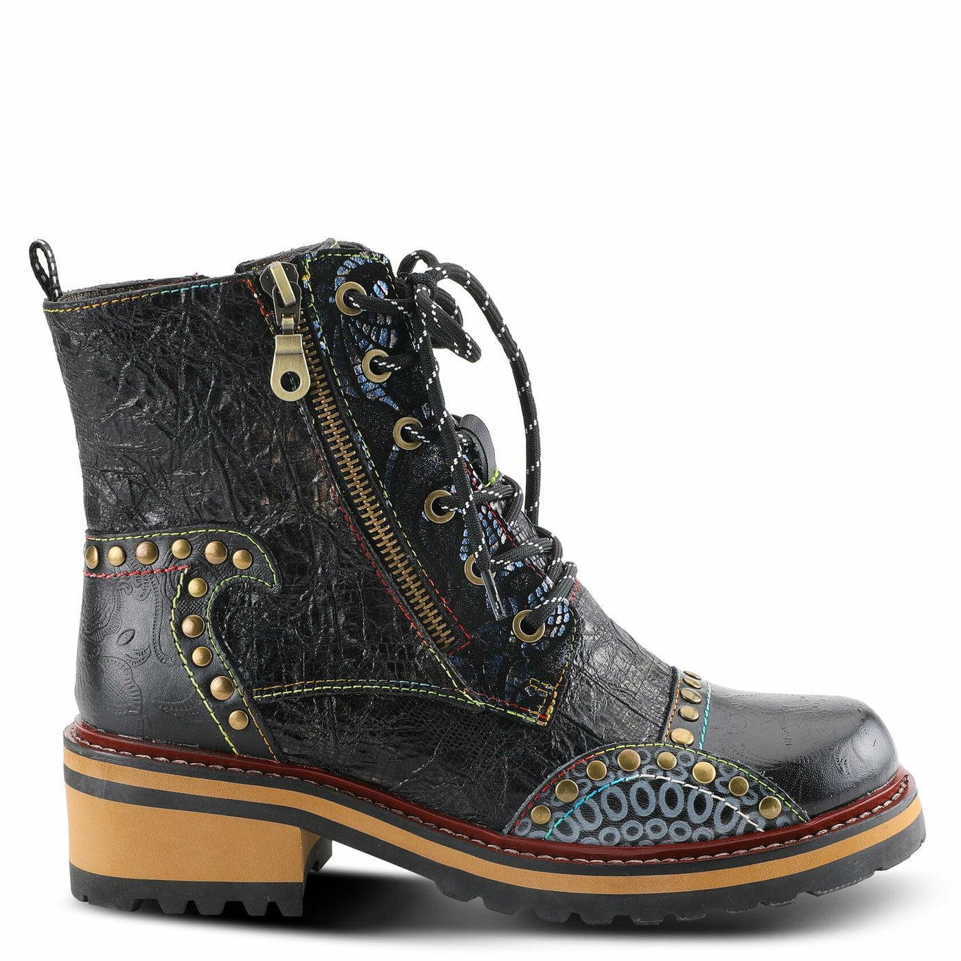 L'Artiste Rugup Leather Combination Booties for Women | Low Heel Ankle Boots for Women with Lace Up and Zipper Closure and Faux Fur Lining, Black Multi EU 38 / US 7.5-8
