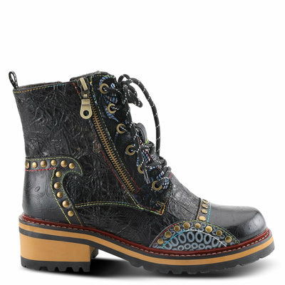 L'Artiste Rugup Leather Combination Booties for Women | Low Heel Ankle Boots for Women with Lace Up and Zipper Closure and Faux Fur Lining, Black Multi EU 38 / US 7.5-8