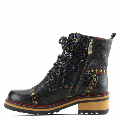 L'Artiste Rugup Leather Combination Booties for Women | Low Heel Ankle Boots for Women with Lace Up and Zipper Closure and Faux Fur Lining, Black Multi EU 38 / US 7.5-8