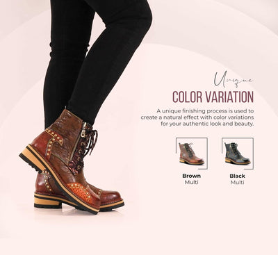 L'Artiste Rugup Leather Combination Booties for Women | Low Heel Ankle Boots for Women with Lace Up and Zipper Closure and Faux Fur Lining, Black Multi EU 42 / US 10.5-11