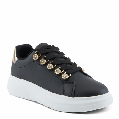 PATRIZIA Women's Leontine Sneakers with D-Ring Metallic Eyelets, Crystal Embellishments, and Comfortable Fit Black EU 39 / US 8.5