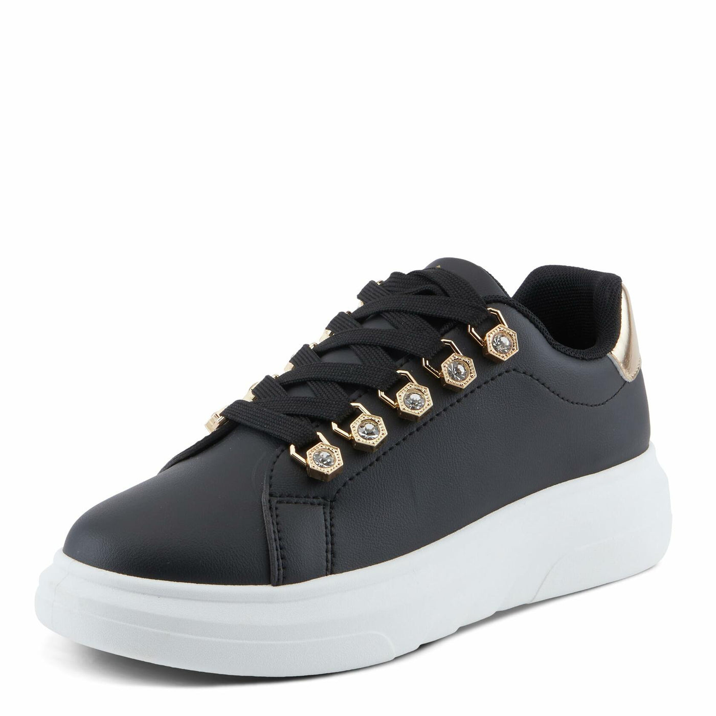 PATRIZIA Women's Leontine Sneakers with D-Ring Metallic Eyelets, Crystal Embellishments, and Comfortable Fit Black EU 39 / US 8.5