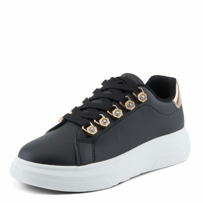 PATRIZIA Women's Leontine Sneakers with D-Ring Metallic Eyelets, Crystal Embellishments, and Comfortable Fit Black EU 39 / US 8.5