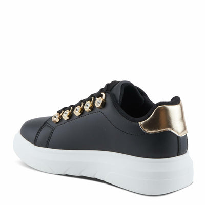 PATRIZIA Women's Leontine Sneakers with D-Ring Metallic Eyelets, Crystal Embellishments, and Comfortable Fit Black EU 39 / US 8.5