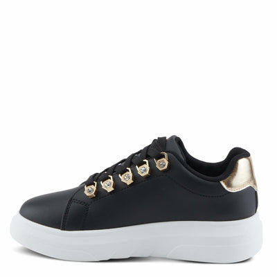 PATRIZIA Women's Leontine Sneakers with D-Ring Metallic Eyelets, Crystal Embellishments, and Comfortable Fit Black EU 39 / US 8.5