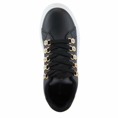 PATRIZIA Women's Leontine Sneakers with D-Ring Metallic Eyelets, Crystal Embellishments, and Comfortable Fit Black EU 39 / US 8.5