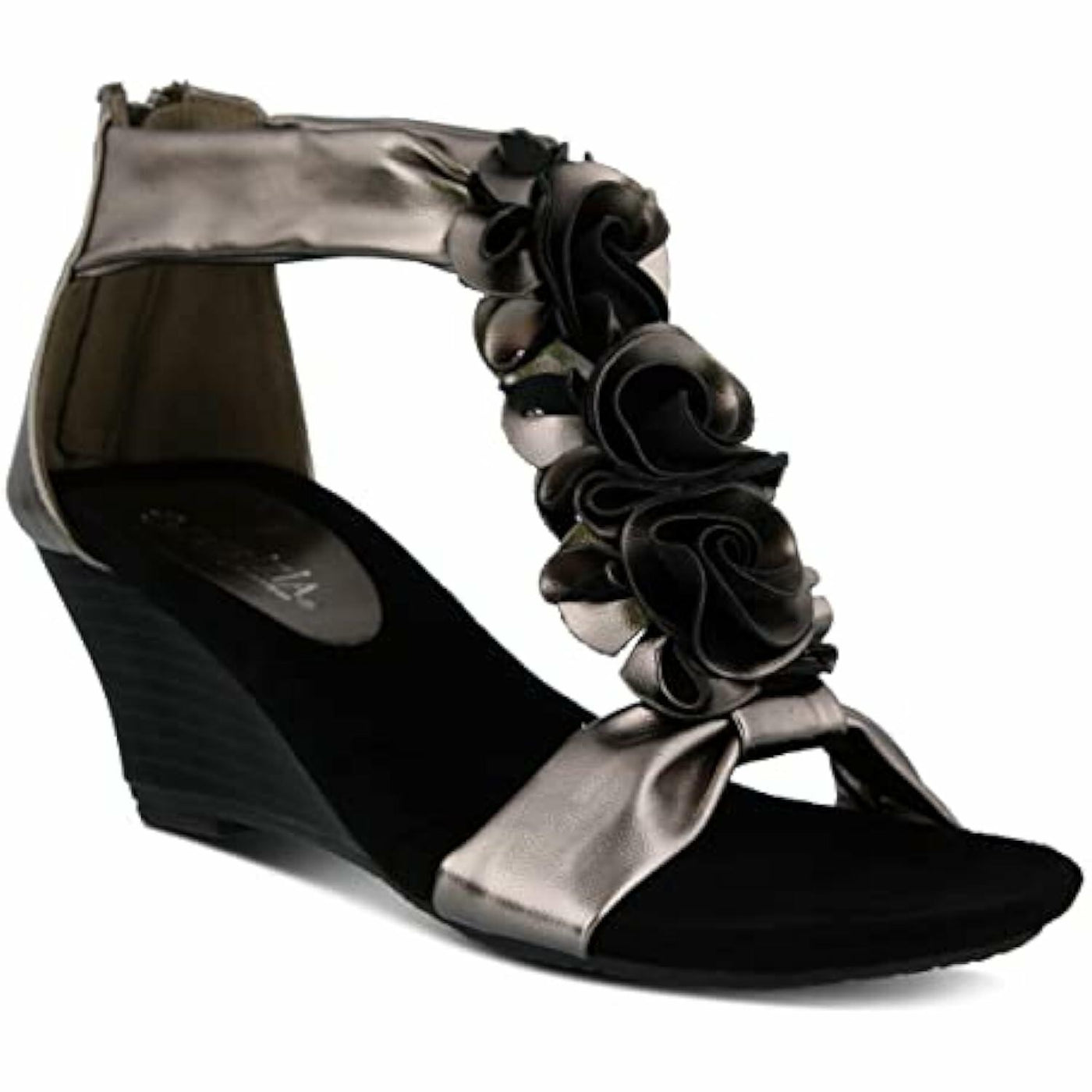 PATRIZIA Spring Step Harlequin Wedge Sandals for Womens - Ladies Sandals with Chic Flower T-Straps - Back Zipper Closure Womens Casuals Sandals - Pewter EU 39 / US 8.5