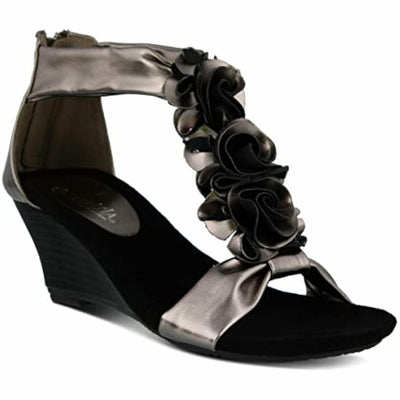 PATRIZIA Spring Step Harlequin Wedge Sandals for Womens - Ladies Sandals with Chic Flower T-Straps - Back Zipper Closure Womens Casuals Sandals - Pewter EU 39 / US 8.5