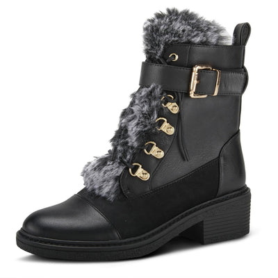 PATRIZIA Style Hilvia Lace Up High Heel Combat Winter Boots for Women | Bootie with Faux Fur, Buckle Strap Stylish Ankle Boot with Zipper Closure Black EU 37 / US 6.5-7