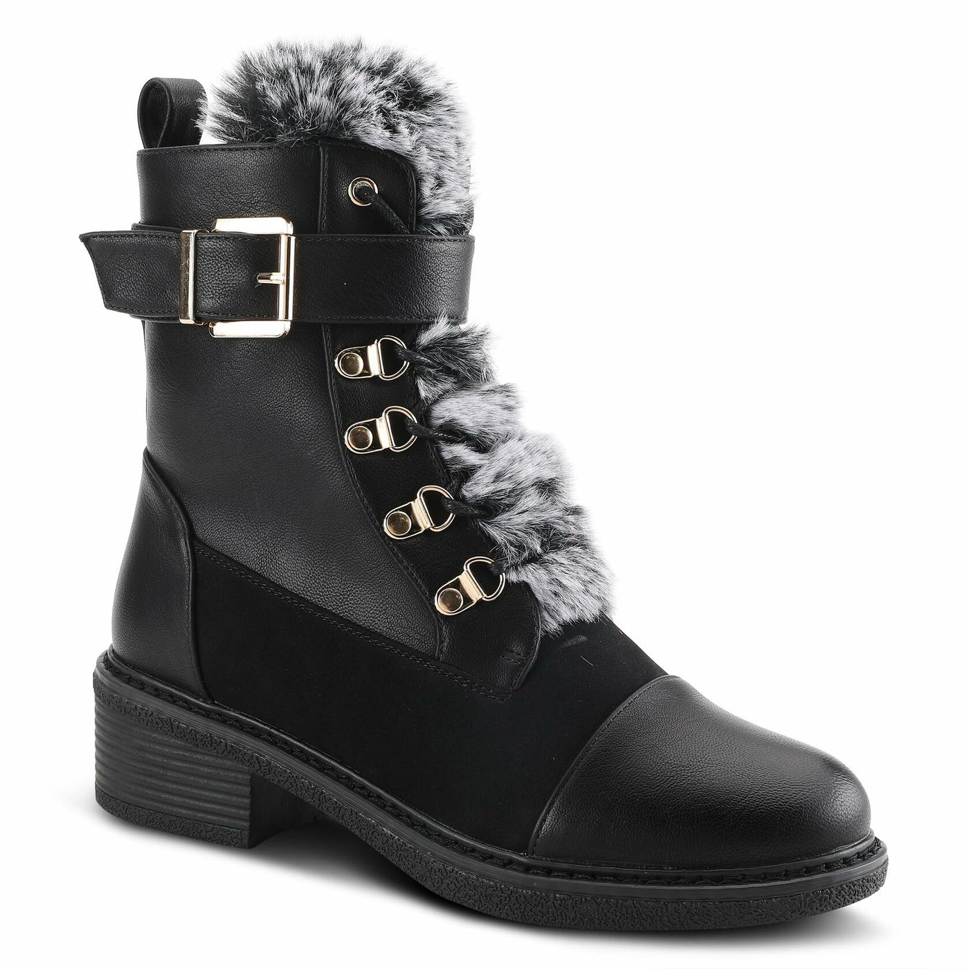 PATRIZIA Style Hilvia Lace Up High Heel Combat Winter Boots for Women | Bootie with Faux Fur, Buckle Strap Stylish Ankle Boot with Zipper Closure Black EU 39 / US 8.5
