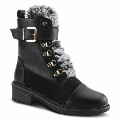 PATRIZIA Style Hilvia Lace Up High Heel Combat Winter Boots for Women | Bootie with Faux Fur, Buckle Strap Stylish Ankle Boot with Zipper Closure Black EU 39 / US 8.5