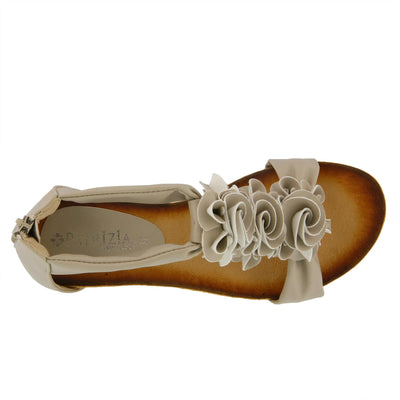 PATRIZIA Spring Step Harlequin Wedge Sandals for Womens - Ladies Sandals with Chic Flower T-Straps - Back Zipper Closure Womens Casuals Sandals - Beige Shoe US 8.5