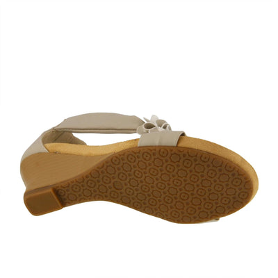 PATRIZIA Spring Step Harlequin Wedge Sandals for Womens - Ladies Sandals with Chic Flower T-Straps - Back Zipper Closure Womens Casuals Sandals - Beige Shoe US 8.5