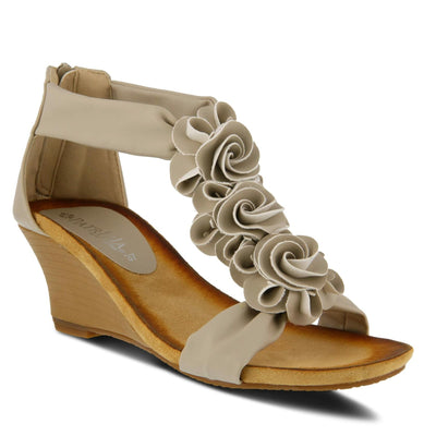 PATRIZIA Spring Step Harlequin Wedge Sandals for Womens - Ladies Sandals with Chic Flower T-Straps - Back Zipper Closure Womens Casuals Sandals - Beige Shoe US 8.5
