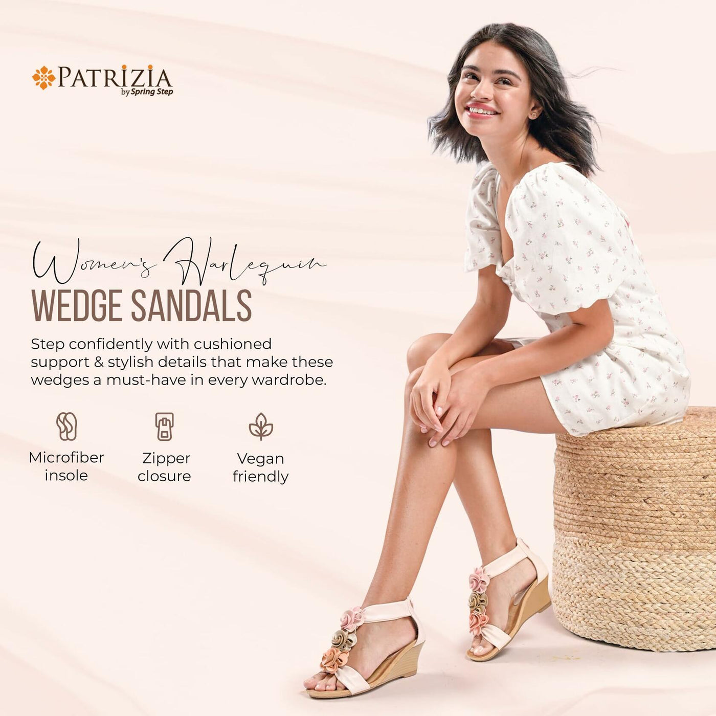 PATRIZIA Spring Step Harlequin Wedge Sandals for Womens - Ladies Sandals with Chic Flower T-Straps - Back Zipper Closure Womens Casuals Sandals - White Shoe US 5