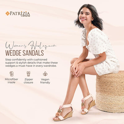 PATRIZIA Spring Step Harlequin Wedge Sandals for Womens - Ladies Sandals with Chic Flower T-Straps - Back Zipper Closure Womens Casuals Sandals - White Shoe US 5