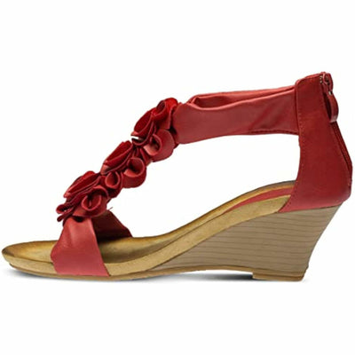 PATRIZIA Spring Step Harlequin Wedge Sandals for Womens - Ladies Sandals with Chic Flower T-Straps - Back Zipper Closure Womens Casuals Sandals - RED Shoe US 9.5-10