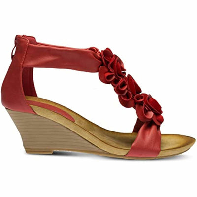 PATRIZIA Spring Step Harlequin Wedge Sandals for Womens - Ladies Sandals with Chic Flower T-Straps - Back Zipper Closure Womens Casuals Sandals - RED Shoe US 9.5-10
