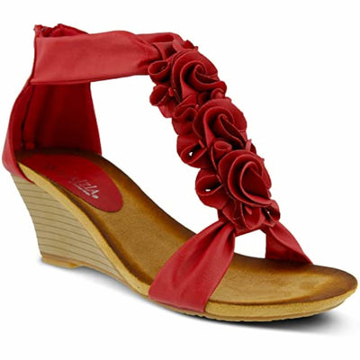 PATRIZIA Spring Step Harlequin Wedge Sandals for Womens - Ladies Sandals with Chic Flower T-Straps - Back Zipper Closure Womens Casuals Sandals - RED Shoe US 9.5-10