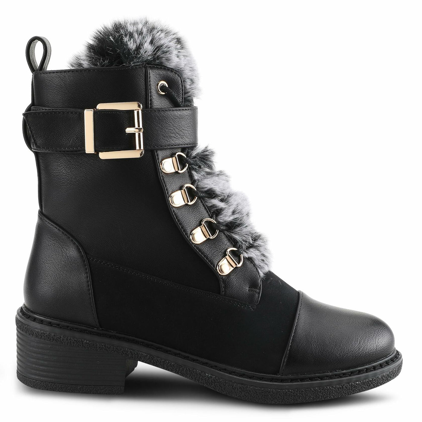 PATRIZIA Style Hilvia Lace Up High Heel Combat Winter Boots for Women | Bootie with Faux Fur, Buckle Strap Stylish Ankle Boot with Zipper Closure Black EU 37 / US 6.5-7