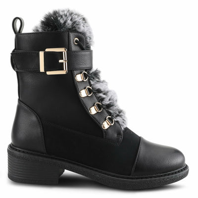 PATRIZIA Style Hilvia Lace Up High Heel Combat Winter Boots for Women | Bootie with Faux Fur, Buckle Strap Stylish Ankle Boot with Zipper Closure Black EU 37 / US 6.5-7