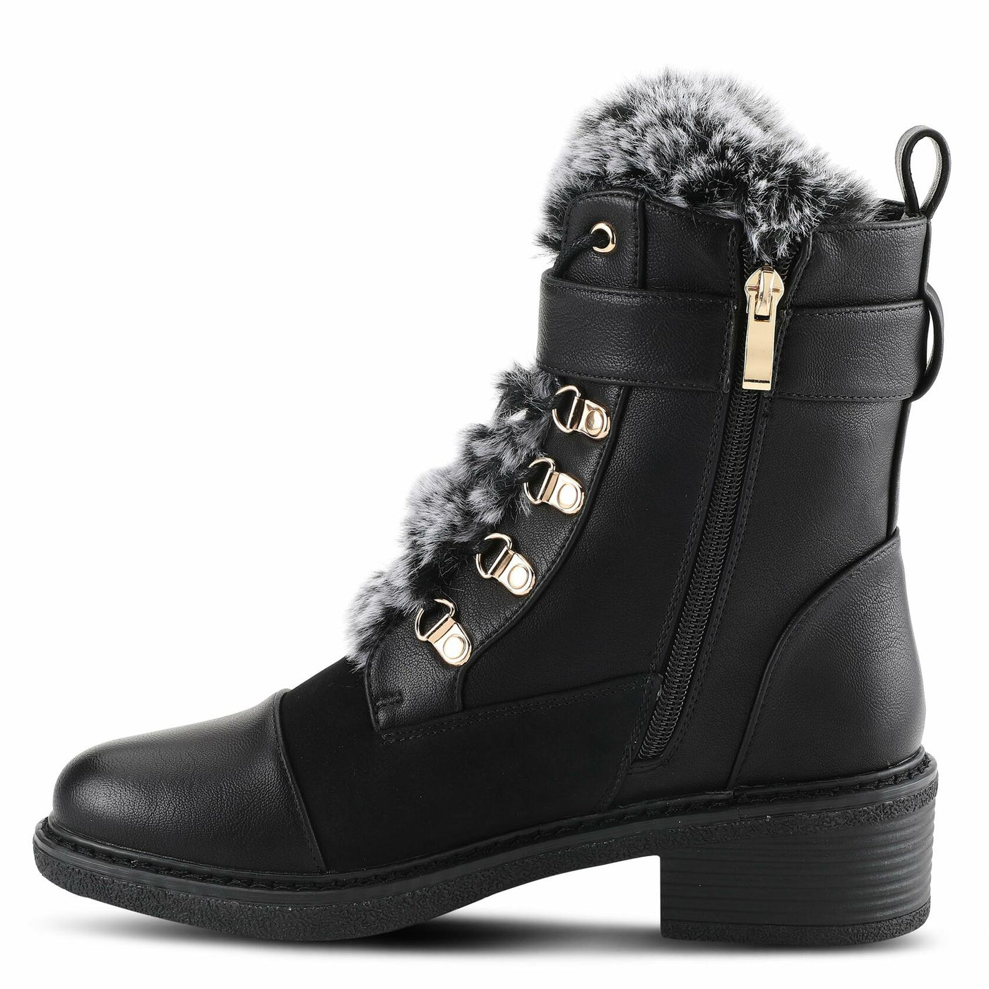 PATRIZIA Style Hilvia Lace Up High Heel Combat Winter Boots for Women | Bootie with Faux Fur, Buckle Strap Stylish Ankle Boot with Zipper Closure Black EU 37 / US 6.5-7