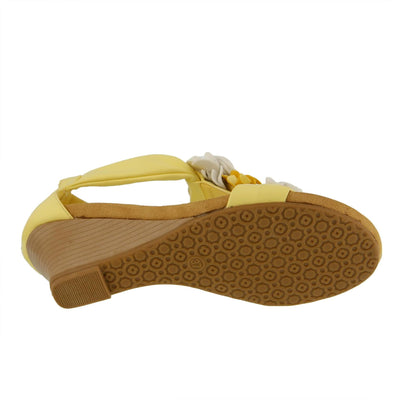 PATRIZIA Spring Step Harlequin Wedge Sandals for Womens - Ladies Sandals with Chic Flower T-Straps - Back Zipper Closure Womens Casuals Sandals - Light Yellow EU 40 / US 9