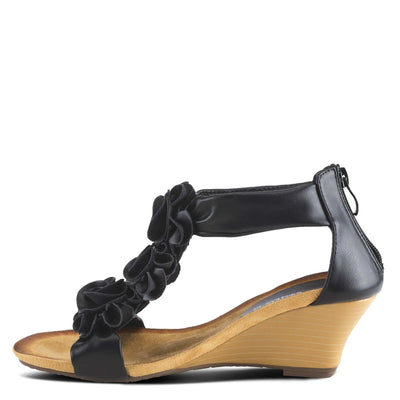 PATRIZIA Spring Step Harlequin Wedge Sandals for Womens - Ladies Sandals with Chic Flower T-Straps - Back Zipper Closure Womens Casuals Sandals - Black EU 37 / US 6.5-7
