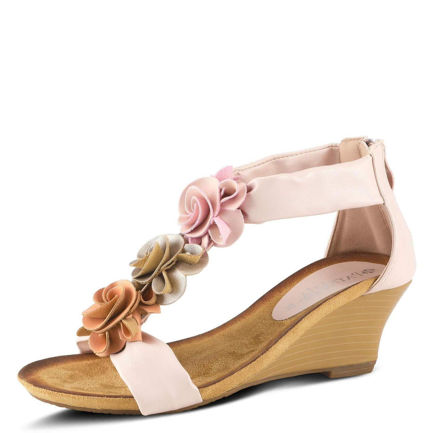 PATRIZIA Spring Step Harlequin Wedge Sandals for Womens - Ladies Sandals with Chic Flower T-Straps - Back Zipper Closure Womens Casuals Sandals - Peach EU 38 / US 7.5-8