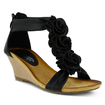 PATRIZIA Spring Step Harlequin Wedge Sandals for Womens - Ladies Sandals with Chic Flower T-Straps - Back Zipper Closure Womens Casuals Sandals - Black EU 37 / US 6.5-7