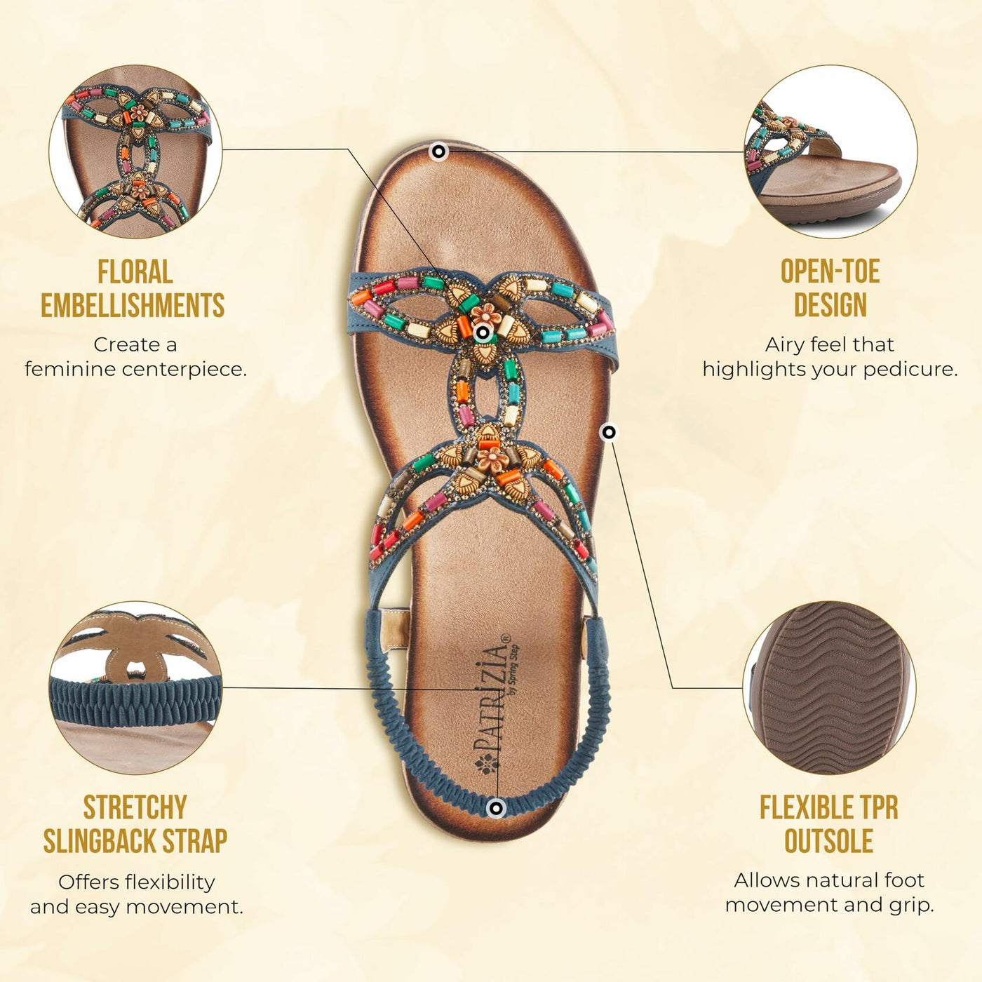 PATRIZIA Volcanic Women's Slingback T-Strap Sandals – Sandals with Slip-On Comfort, Microsuede Insole, Beaded Floral Design Grey EU 41 / US 9.5-10