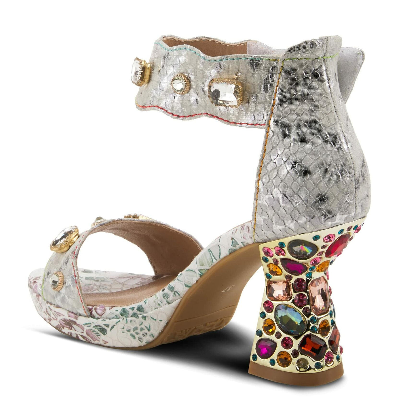 L'Artiste Jewell Women's Closed Back Crystal Embellished Leather Sandals | Shoes for Women with Adjustable Strap, Padded Insole and Unique Multicolor Jewel Heel Ice EU 40 / US 9