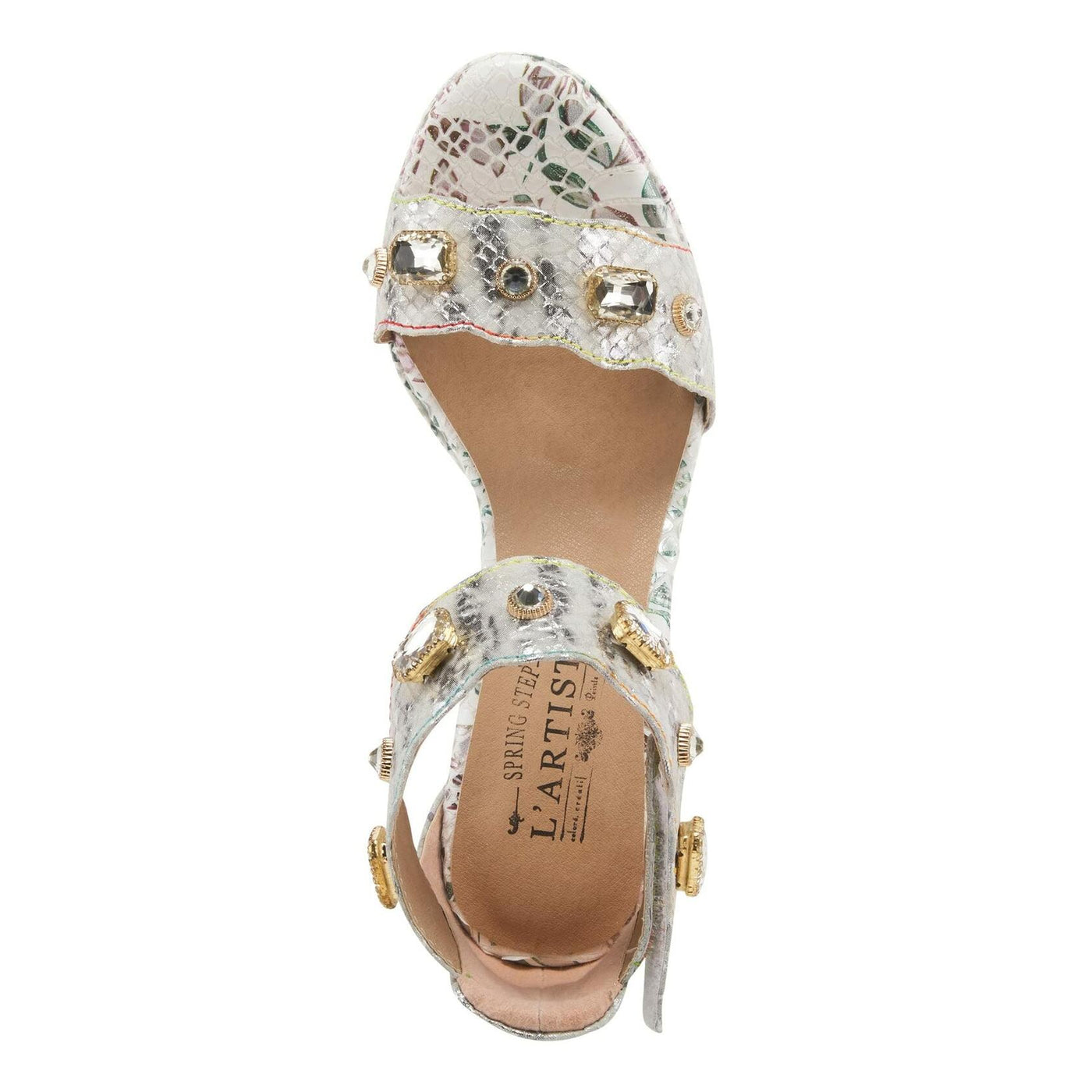 L'Artiste Jewell Women's Closed Back Crystal Embellished Leather Sandals | Shoes for Women with Adjustable Strap, Padded Insole and Unique Multicolor Jewel Heel Ice EU 40 / US 9