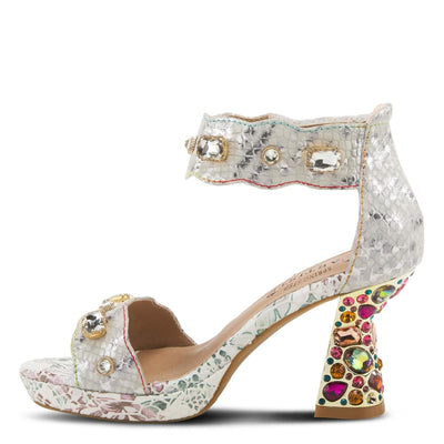L'Artiste Jewell Women's Closed Back Crystal Embellished Leather Sandals | Shoes for Women with Adjustable Strap, Padded Insole and Unique Multicolor Jewel Heel Ice EU 40 / US 9