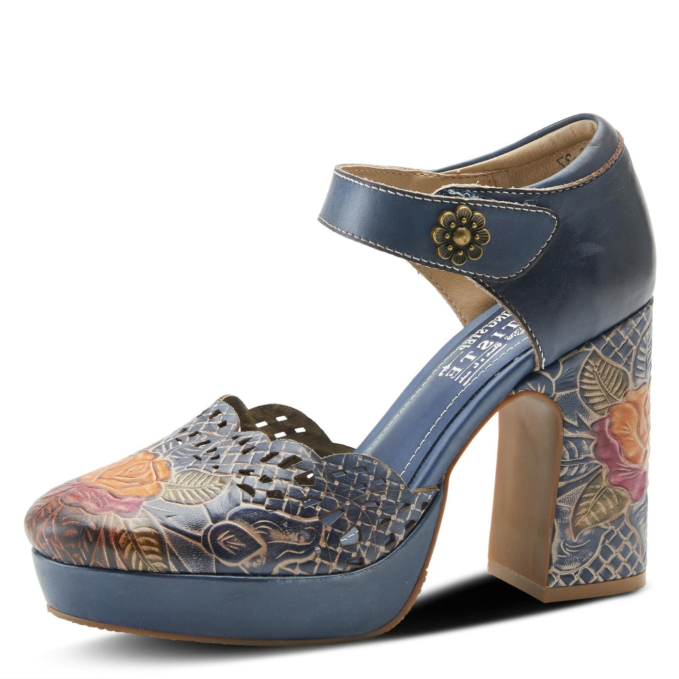 L'Artiste Debbihary Mary Jane Pump Shoes for Women | Pointed Closed Toe High Heels for Women with Rose Embossed Details and Adjustable Ankle Strap Navy Multi EU 36 / US 5.5-6