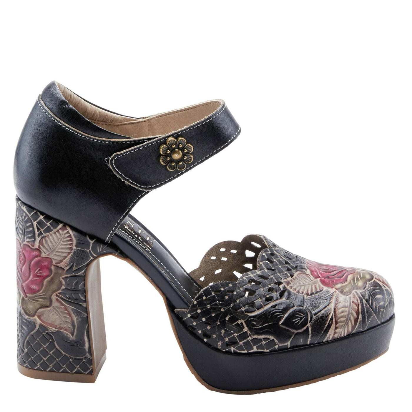 L'Artiste Debbihary Mary Jane Pump Shoes for Women | Pointed Closed Toe High Heels for Women with Rose Embossed Details and Adjustable Ankle Strap Navy Multi EU 36 / US 5.5-6