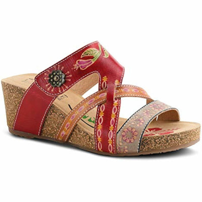 L'Artiste by Spring Step Women's Swan Slide Sandals Hand Painted Leather, Adjustable Straps, Floral Design, Wedge Heel, Hook & Loop, Open Toe Red Multi 9.5-10