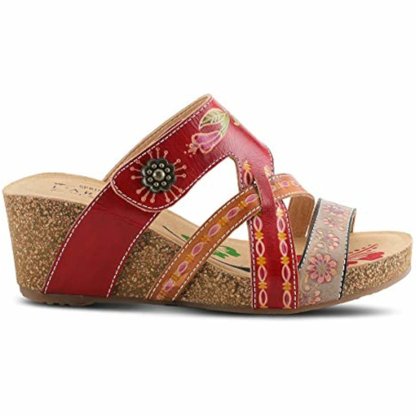 L'Artiste by Spring Step Women's Swan Slide Sandals Hand Painted Leather, Adjustable Straps, Floral Design, Wedge Heel, Hook & Loop, Open Toe Red Multi 9.5-10