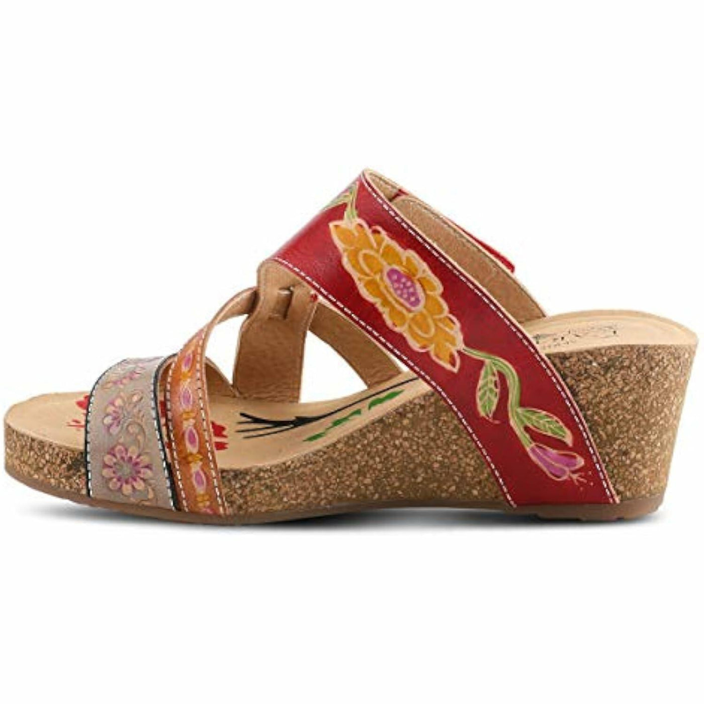 L'Artiste by Spring Step Women's Swan Slide Sandals Hand Painted Leather, Adjustable Straps, Floral Design, Wedge Heel, Hook & Loop, Open Toe Red Multi 9.5-10