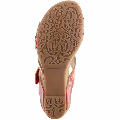 L'Artiste by Spring Step Women's Swan Slide Sandals Hand Painted Leather, Adjustable Straps, Floral Design, Wedge Heel, Hook & Loop, Open Toe Red Multi 9.5-10