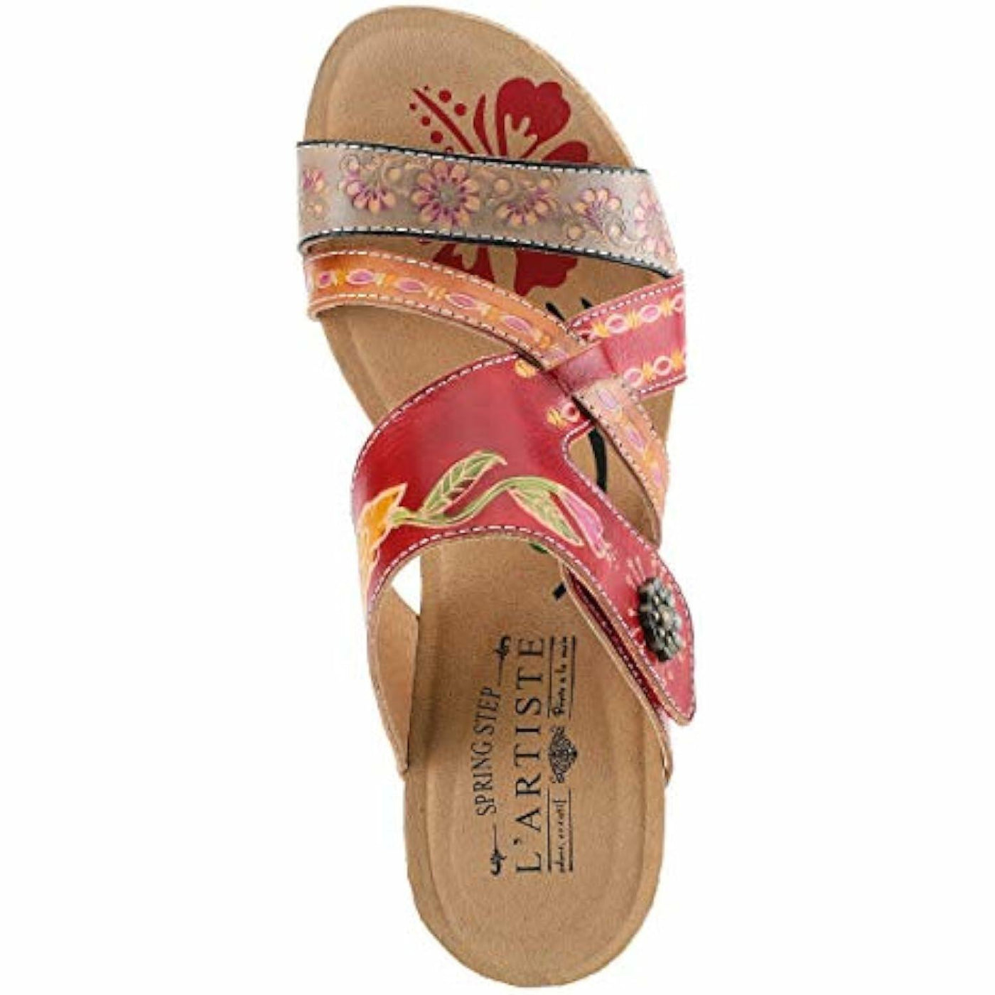 L'Artiste by Spring Step Women's Swan Slide Sandals Hand Painted Leather, Adjustable Straps, Floral Design, Wedge Heel, Hook & Loop, Open Toe Red Multi 9.5-10