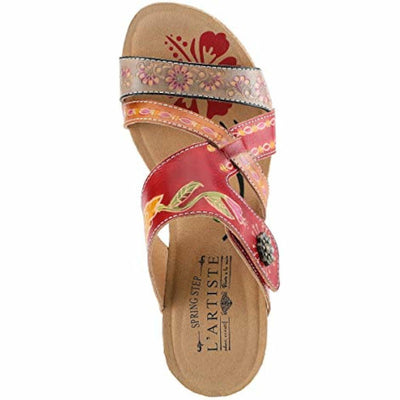 L'Artiste by Spring Step Women's Swan Slide Sandals Hand Painted Leather, Adjustable Straps, Floral Design, Wedge Heel, Hook & Loop, Open Toe Red Multi 9.5-10