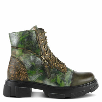 Spring Step L'Artiste Carnelian Booties for Women - Leather Ankle Boots with Lace-up and Zipper - Hand-Painted Womens Boots for Outdoor - Olive Multi EU 35 / US 5