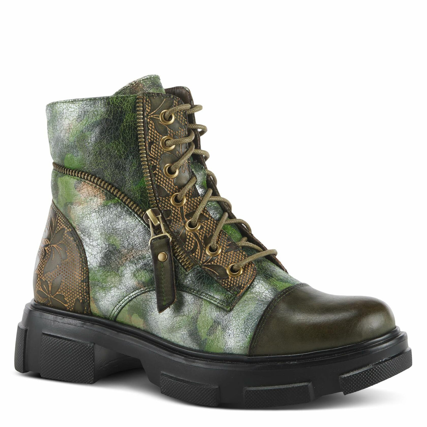 Spring Step L'Artiste Carnelian Booties for Women - Leather Ankle Boots with Lace-up and Zipper - Hand-Painted Womens Boots for Outdoor - Olive Multi EU 35 / US 5