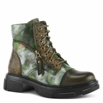 Spring Step L'Artiste Carnelian Booties for Women - Leather Ankle Boots with Lace-up and Zipper - Hand-Painted Womens Boots for Outdoor - Olive Multi EU 35 / US 5