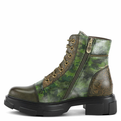 Spring Step L'Artiste Carnelian Booties for Women - Leather Ankle Boots with Lace-up and Zipper - Hand-Painted Womens Boots for Outdoor - Olive Multi EU 35 / US 5
