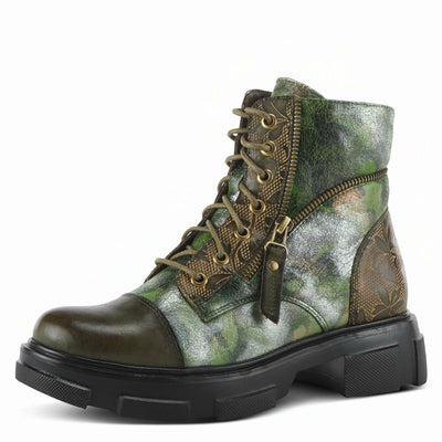 Spring Step L'Artiste Carnelian Booties for Women - Leather Ankle Boots with Lace-up and Zipper - Hand-Painted Womens Boots for Outdoor - Olive Multi EU 39 / US 8.5