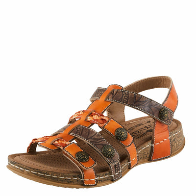 Spring Step L'Artiste Delila Women's Faux Leather Sandal - Hand Painted Arch Support Plush Cushion - Adjustable Hook and Loop Straps Flat Microsuede Artistic Detail, Orange Multi EU 36 / US 5.5-6