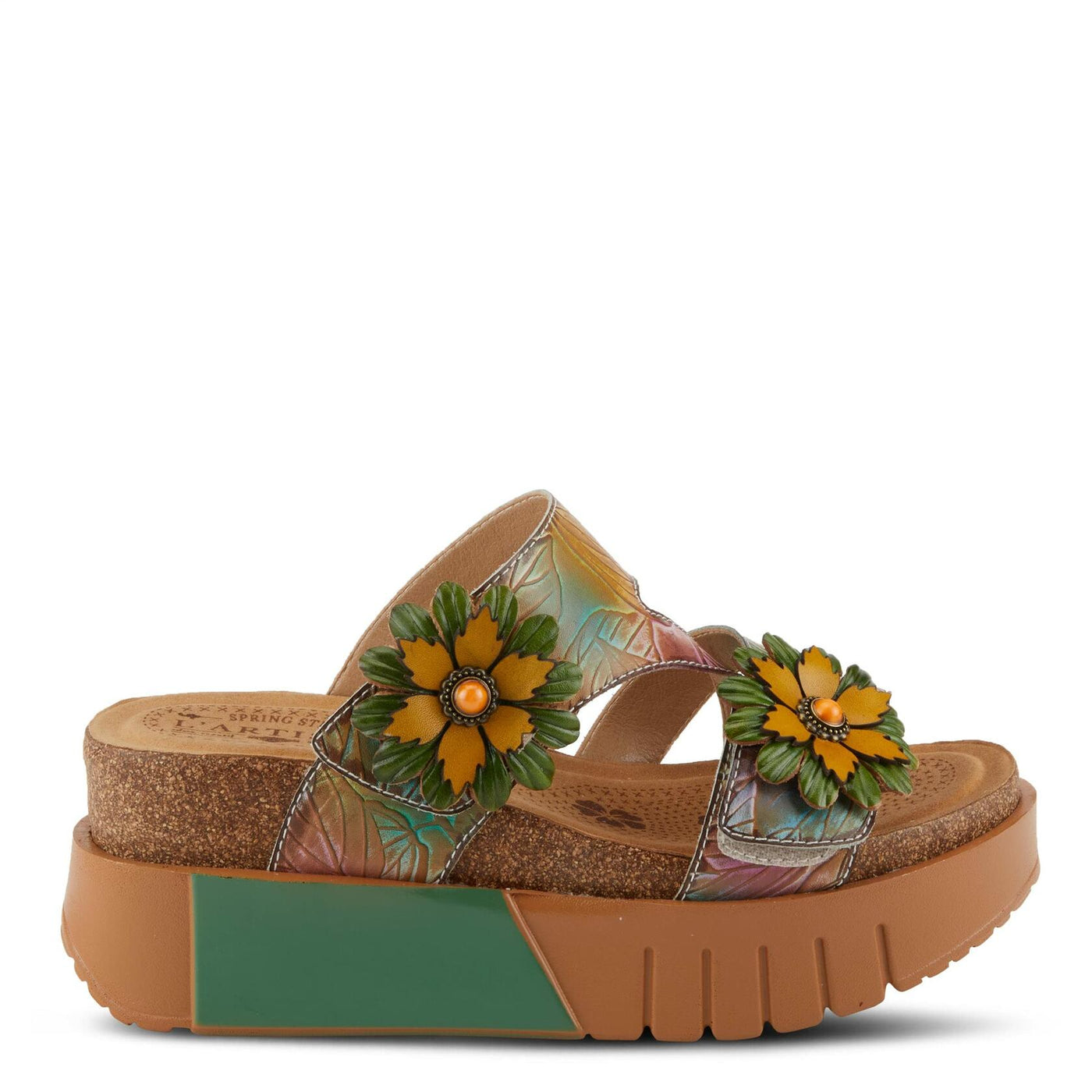 GEXA TAN MULTI FLORAL WEDGE SANDALS BY L'ARTISTE