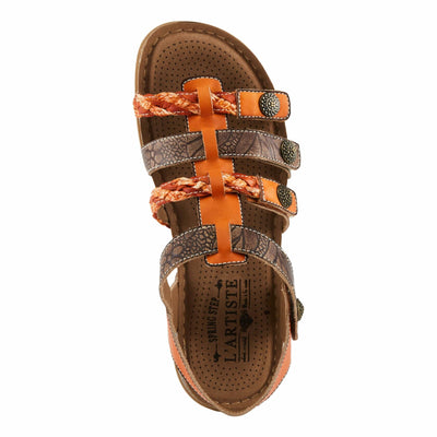 Spring Step L'Artiste Delila Women's Faux Leather Sandal - Hand Painted Arch Support Plush Cushion - Adjustable Hook and Loop Straps Flat Microsuede Artistic Detail, Orange Multi EU 36 / US 5.5-6
